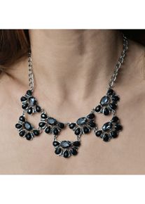 Steuer Modeschmuck Collierkette Collier in Bl&uuml;tenoptik mit schwarzen Strasssteinen