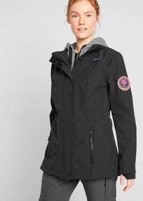 bonprix wasserabweisende Softshell-Longjacke 2 in 1-Optik, schwarz, Gr.38, Sportliche Softshell-&Uuml;bergangsjacke mit Sweatkapuze, aus Softshell