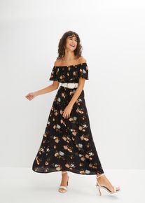 bonprix Carmen-Kleid aus flie&szlig;ender Viskose, schwarz, Gr.38, Modernes Kleid mit sch&ouml;nem Druck