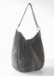 bonprix Veloursledertasche mit dekorativem Zusatzriemen, grau, Gr.34x38 cm, Zeitlose Ledertasche mit geflochtenem Tragehenkel, aus Veloursleder
