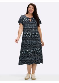 sheego Gro&szlig;e Gr&ouml;&szlig;en Jerseykleid mit Gummizug auf Taillenh&ouml;he, jeansblau-schwarz-bedruckt, Gr&ouml;&szlig;e 46 - Damen