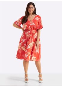 sheego Gro&szlig;e Gr&ouml;&szlig;en Blumenkleid mit breitem Smokbund, terra-vanille-bedruckt, Gr&ouml;&szlig;e 52 - Damen