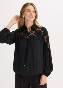 bonprix Schlupfbluse mit Spitze, schwarz, Gr.42, Verspielt und Modern: Bluse mit Spitzen-Einsatz und Schn&uuml;rung am Kragen