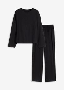 bonprix Weit geschnittener Loungewear Hausanzug aus weicher Baumwolle, schwarz, Gr.48/50 (XL), Modischer oversized Loungewear Hausanzug mit weiter Hose, aus 100% Baumwolle