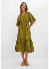 bonprix Midikleid aus reiner Baumwolle, gr&uuml;n, Gr.52, Mit kurzen &Auml;rmeln und Bindeband, aus 100% Baumwolle