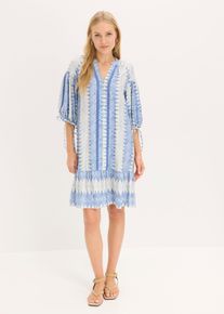 bonprix Minikleid aus softem Viskose-Mix, blau, Gr.36, Mit Schn&uuml;rung an den &Auml;rmeln