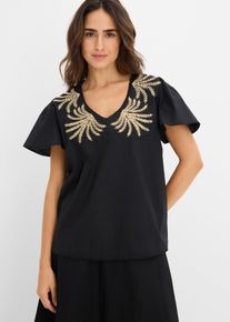 bonprix Bluse mit Stickerei, schwarz, Gr.38, sommerliche Bluse mit dekorativer Stickerei am Ausschnitt vorne, 100% Baumwolle (organic)