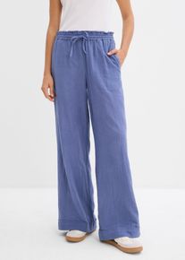 bonprix Schlupfhose aus luftigem Musselin, blau, Gr.44, Musselin-Hose mit ausgefranstem Saum aus reiner Baumwolle, aus 100% Baumwolle