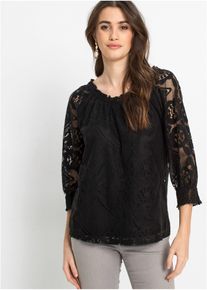 bonprix Shirt mit Ballon&auml;rmeln, schwarz, Gr.48/50 (XL), Shirt aus Spitze mit Ballon&auml;rmeln