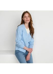 LANDS' END V-Cardigan mit Ajourmuster, Damen,  Blau, Wolle/Polyester/Polyacryl, by Lands' End