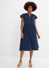 bonprix Kleid aus weichem Musselin, blau, Gr.50, ausgestelltes Musselinkleid aus reiner Baumwolle mit V-Ausschnitt, aus 100% Baumwolle
