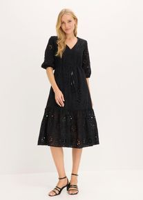 bonprix Midikleid aus reiner Baumwolle mit Lochstickerei, schwarz, Gr.44, mit V-Ausschnitt und Lochstickerei, aus 100% Baumwolle