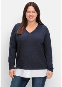 sheego Gro&szlig;e Gr&ouml;&szlig;en Feinstrickpullover mit Blusen-Einsatz am Saum, tiefblau-meliert, Gr&ouml;&szlig;e 44/46 - Damen
