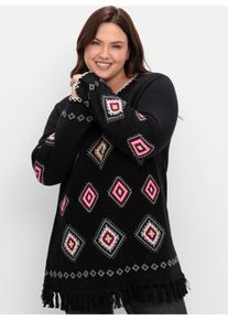 sheego Gro&szlig;e Gr&ouml;&szlig;en Rundhalspullover mit Ethno-Muster, schwarz-gemustert, Gr&ouml;&szlig;e 52/54 - Damen