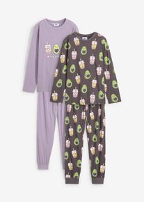 bonprix Pyjama aus reiner Bio-Baumwolle (4-tlg. Set), grau, Gr.128/134, Bequemes Pyjama Set mit Bubble Tea und Avocado Druck mit Bio-Baumwolle, 100% Baumwolle (organic)