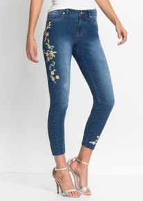 bonprix Skinny-Jeans Mid Waist cropped, blau, Gr.36, H&uuml;bsche Jeans mit verspielter Stickerei und Fransensaum, 76% Baumwolle
