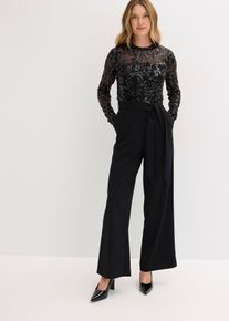bonprix Overall mit Paillettenstickerei, schwarz, Gr.48, Modern und feminin: Overall mit Paillettenstickerei und Binde-Detail in der Taille