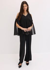 bonprix Overall mit &Uuml;berwurf und Strasssteinverzierung, schwarz, Gr.42, Modern und feminin: Overall aus strukturiertem Crepe mit kaschierendem &Uuml;berwurf aus feinem Chiffon und Strasssteinverzierungen am Ausschnitt