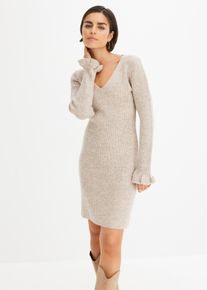 bonprix Strickkleid, beige, Gr.52/54 (XXL), feminines Strickkleid mit Volants am &Auml;rmelsaum