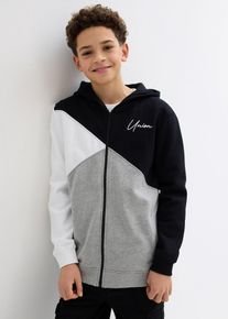 bonprix Kapuzen-Sweatjacke in Loose Fit aus reiner Bio-Baumwolle, schwarz, Gr.164/170, Coole Jungen Kapuzen-Sweatjacke im Colorblocking, aus 100% Baumwolle