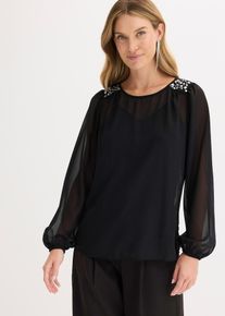 bonprix Chiffonbluse mit Strasssteinverzierung, schwarz, Gr.34, Modern und feminin: Bluse aus feinem Chiffon mit Strasssteinverzierung an den Schultern