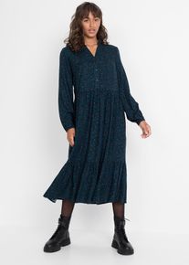 bonprix Midikleid aus Viskose, petrol, Gr.36, Langes Blusenkleid mit Leomuster aus flie&szlig;ender Viskose, aus Viskose