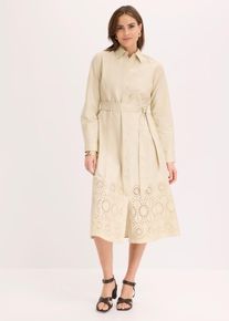 bonprix Hemdblusenkleid mit Lochstickerei, beige, Gr.44, schickes Hemdblusenkleid mit verspielter Lochstichstickerei, 100% Baumwolle (organic)