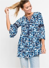 bonprix Tunika aus flie&szlig;ender Viskose, wei&szlig;, Gr.52/54 (XXL), Moderne Shirtbluse mit Batikmuster und Schn&uuml;rung am Ausschnitt, aus Viskose
