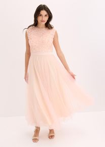 bonprix Abendkleid aus zartem T&uuml;ll mit Blumen-Details, rosa, Gr.46, Maxikleid aus zartem T&uuml;ll mit Satin-Einsatz in der Taille und Blumen-Detail-Spitze im Oberteil