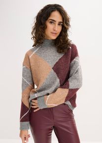 bonprix Oversize-Pullover, grau, Gr.44/46 (L), weicher Oversize-Pullover mit Stehkragen und modischem Argyle-Muster
