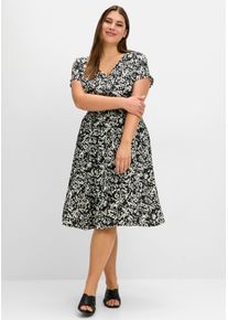 sheego Gro&szlig;e Gr&ouml;&szlig;en Sommerkleid mit Smokbund und weitem Rock, schwarz bedruckt, Gr&ouml;&szlig;e 56 - Damen