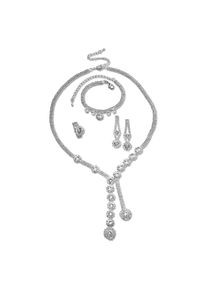 Steuer Modeschmuck Set Kette Ohrringe Armband Ring Metall glanz Strass wei&szlig;