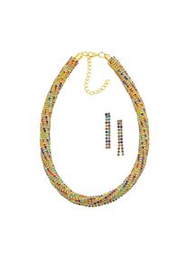 Steuer Modeschmuck Set Kette Ohrringe Metall 40+6,0cm glanz Glasstein multi