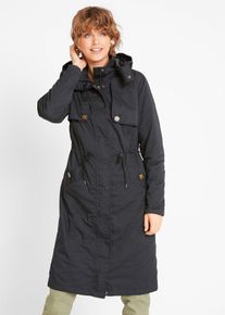 bonprix Langer Trenchcoat mit Kapuze tailliert leicht wattiert, schwarz, Gr.56, Klassischer &Uuml;bergangsmantel mit abnehmbarer Kapuze, 55% Baumwolle