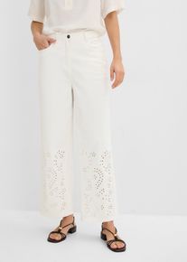 bonprix Wide-Leg-Twillhose High Waist cropped, wei&szlig;, Gr.46, Verk&uuml;rzte Twillhose mit Broidery Anglaise, 98% Baumwolle