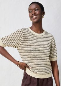 bonprix Ajour-Pullover mit Leinen, beige, Gr.40/42 (M), Ideal f&uuml;r den Fr&uuml;hling! Hochwertiger Kurzarm-Pullover aus sch&ouml;nen Baumwoll-Leinen-Mix, aus Leinen