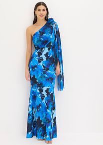 bonprix Abendkleid mit One-Shoulder und Blumen-Applikation, blau, Gr.48, Maxi-Kleid aus strukturiertem Crep&eacute; mit One-Shoulder und Blumen-Appliaktion