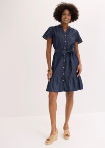 bonprix Jeanskleid aus Bio-Baumwolle, blau, Gr.38, Modisches Jeanskleid mit s&uuml;&szlig;en Raffungen an der Schulter und Volants am Saum., 100% Baumwolle (organic)