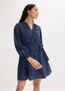 bonprix Blusenkleid aus reiner Bio-Baumwolle, blau, Gr.42, Sehr kurzes Kleid mit allover Lochstickerei und Bindeg&uuml;rtel, 100% Baumwolle (organic)