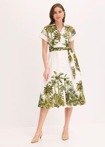 bonprix Hemdblusenkleid mit Bindeband, wei&szlig;, Gr.52, stilvolles Hemdblusenkleid mit dekorativem Palmen Motiv und integriertem Bindeband, 100% Baumwolle (organic)