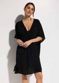 bonprix Strandtunika aus strukturiertem Crinkle, schwarz, Gr.48/50 (XL), Weite Strandtunika mit V-Ausschnitt