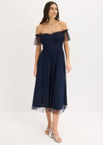 bonprix Maxikleid aus zartem T&uuml;ll, blau, Gr.36, Romantisch und feminin: Maxikleid aus zartem sowie gemustertem T&uuml;ll, welches sich auf den Schultern oder auch mit Carmen-Ausschnitt tragen l&auml;sst.