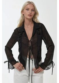 V-Ausschnitt Bluse mit Schleifen-Detail und R&uuml;schen mit langen &Auml;rmeln