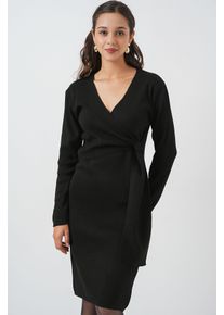 K&ouml;rperbetontes Midi-Kleid mit V-Ausschnitt und Bindeg&uuml;rtel