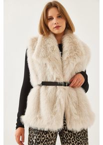Faux-Fur-Schalkragen-G&uuml;rtelloser &auml;rmelloser Weste