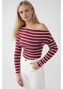 Gestreiftes Off-Shoulder Langarm-Rippstrickoberteil