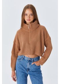 Strukturiertes Langarm-Pullover mit Rei&szlig;verschlusskragen