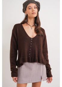 Leichtes V-Ausschnitt-Stricktop mit Knopfdetail