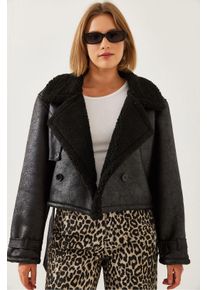 K&uuml;nstliche Leder Cropped-Jacke mit Schal-Kragen