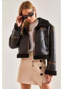 Kunstleder Boxy Crop Jacke mit Schalkragen